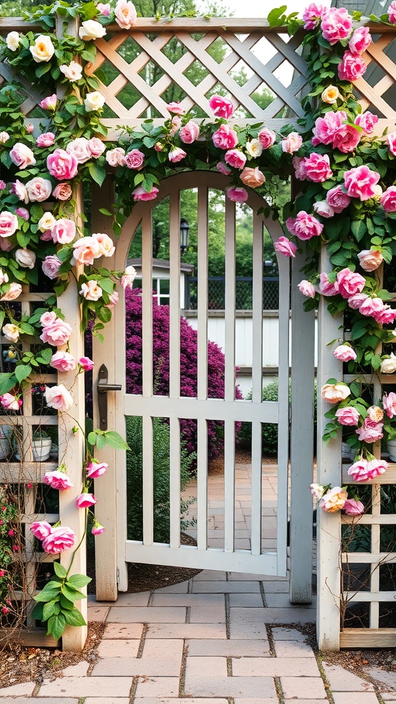 A decorative lattice gate surrounded by colorful roses in a garden.