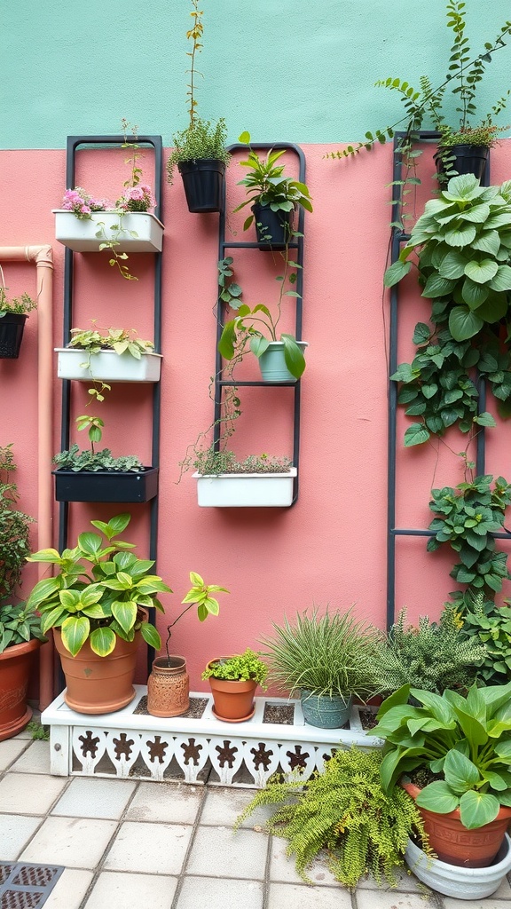 Vertical garden design with colorful plants on shelves against a pink wall