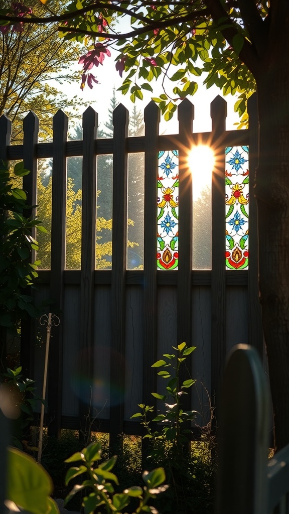 A wooden garden fence with stained glass panels, sunlight shining through the glass.