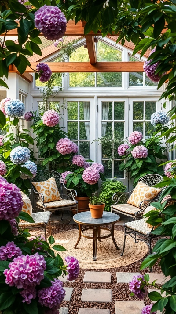 A cozy garden room filled with hydrangeas in pink and blue, featuring comfortable seating and natural light.