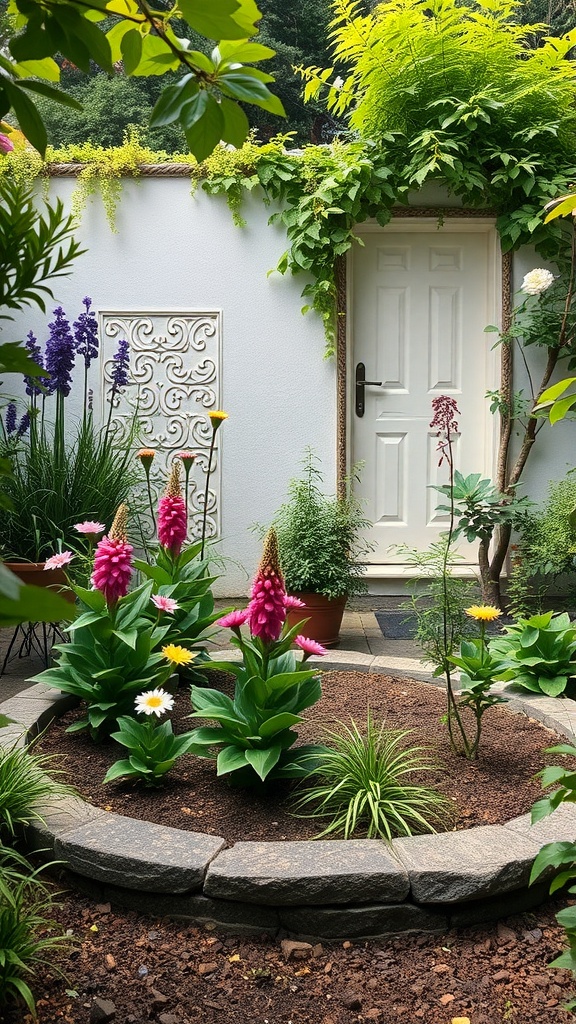 A sunken garden bed with colorful flowers and a stone border, featuring a white door in the background.