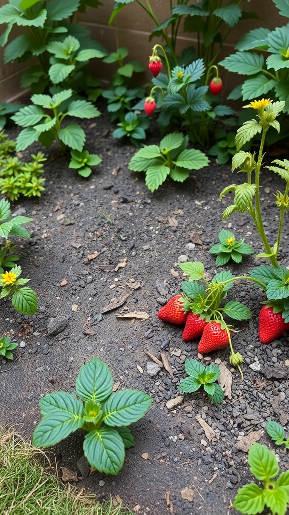 A small garden with strawberry plants, showcasing ripe strawberries and green leaves.