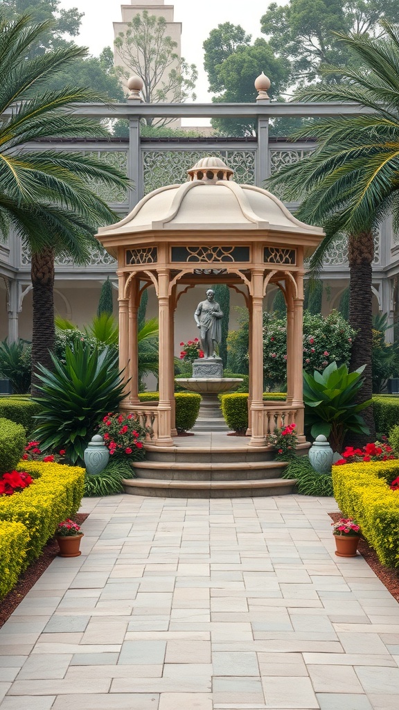 A beautiful botanical garden featuring a gazebo surrounded by lush greenery and colorful flowers.
