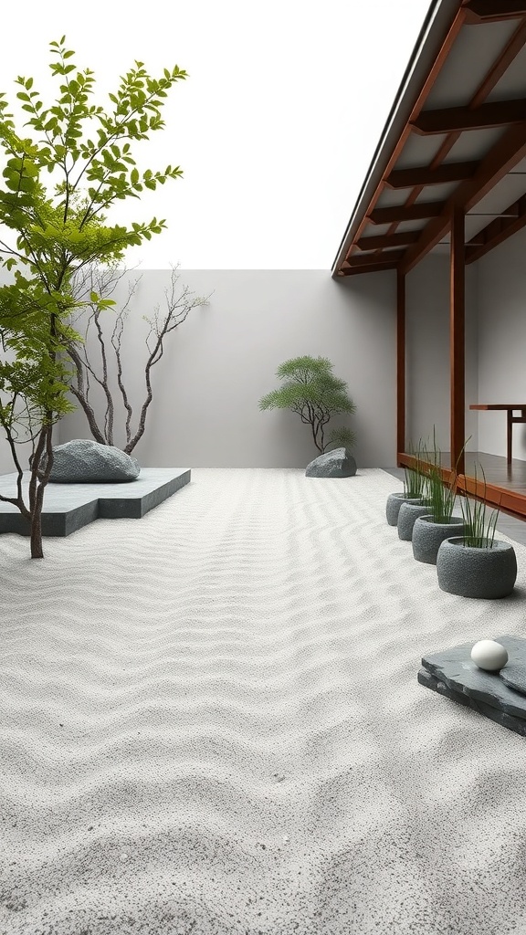 A serene Zen garden with raked sand, rocks, and greenery.