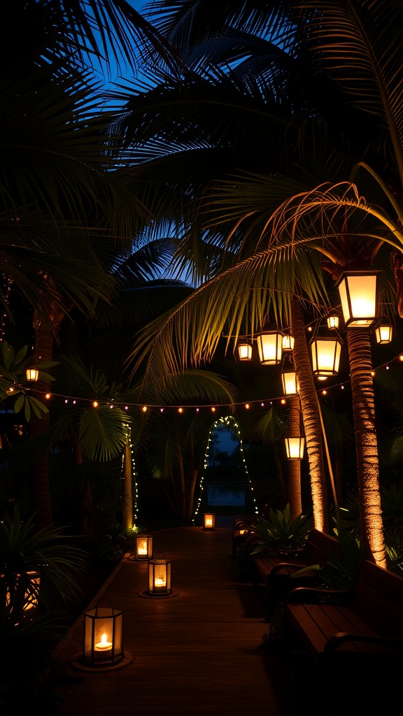 A tropical garden pathway illuminated with lanterns and string lights, surrounded by palm trees.