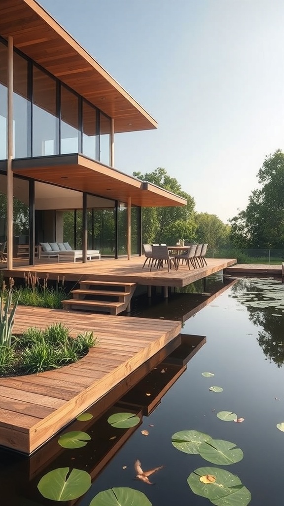 A wooden floating deck over calm water surrounded by greenery
