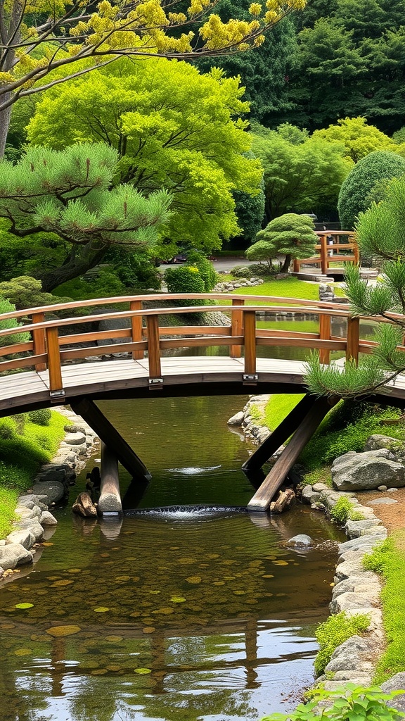 A wooden bridge over a calm waterway in a Japanese garden, surrounded by lush greenery.