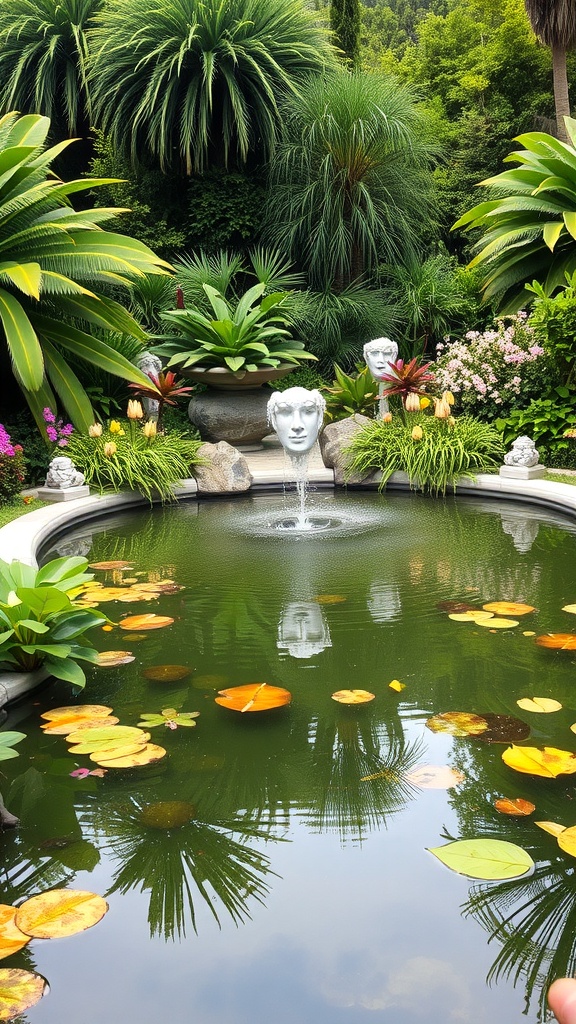 A serene pond surrounded by lush greenery and colorful flowers, featuring floating lily pads and artistic statues.