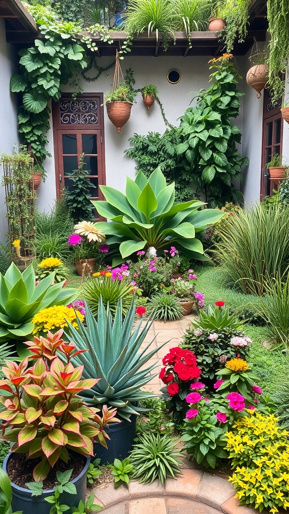 A vibrant courtyard garden filled with diverse plants, showcasing a mix of textures and colors.