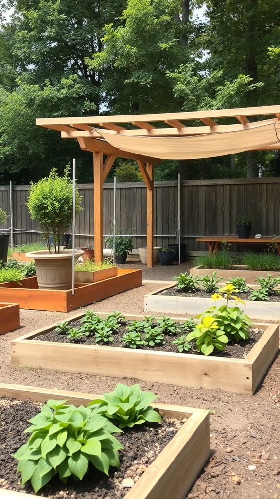 A raised garden bed layout featuring a wooden pergola providing shade over the garden area.