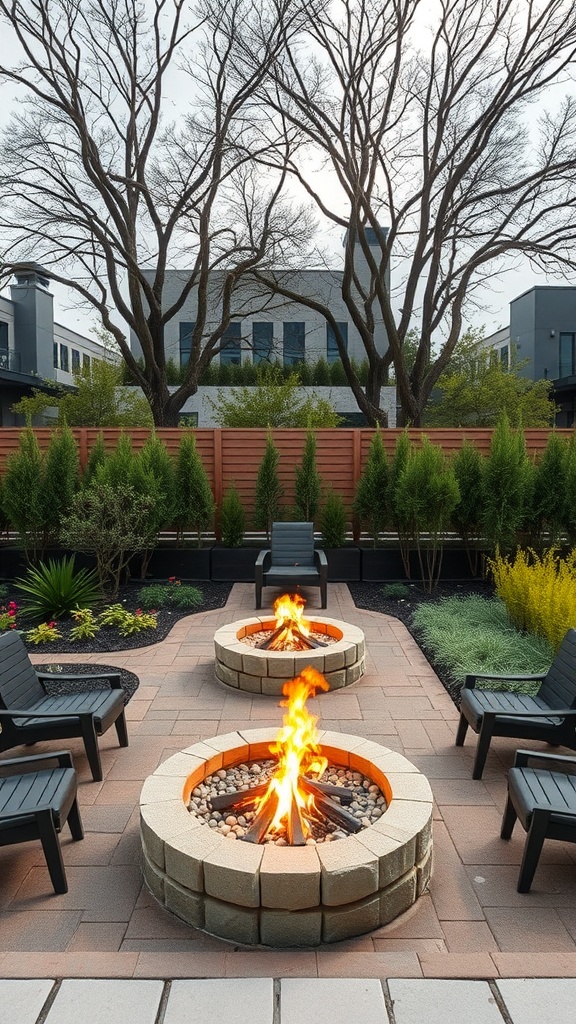 A fire pit garden design featuring two fire pits surrounded by seating and lush greenery.