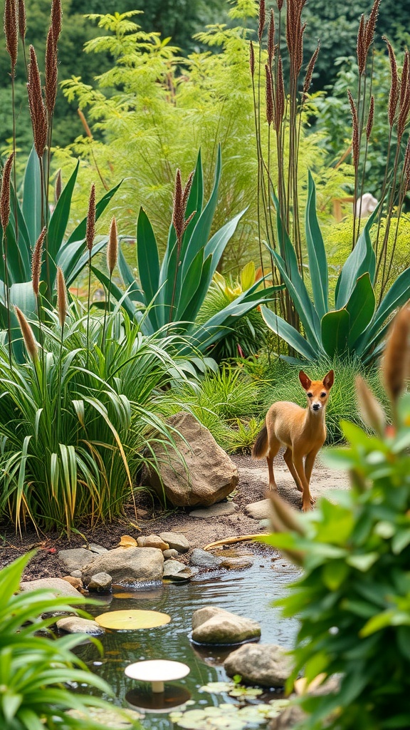 A serene garden with lush plants and a small pond, featuring a deer standing near the water.