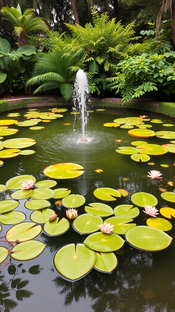 A serene pond with lily pads and a fountain surrounded by lush greenery.