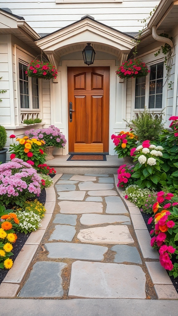 A welcoming front garden with a stone pathway leading to a wooden door, surrounded by colorful flowers and hanging planters.