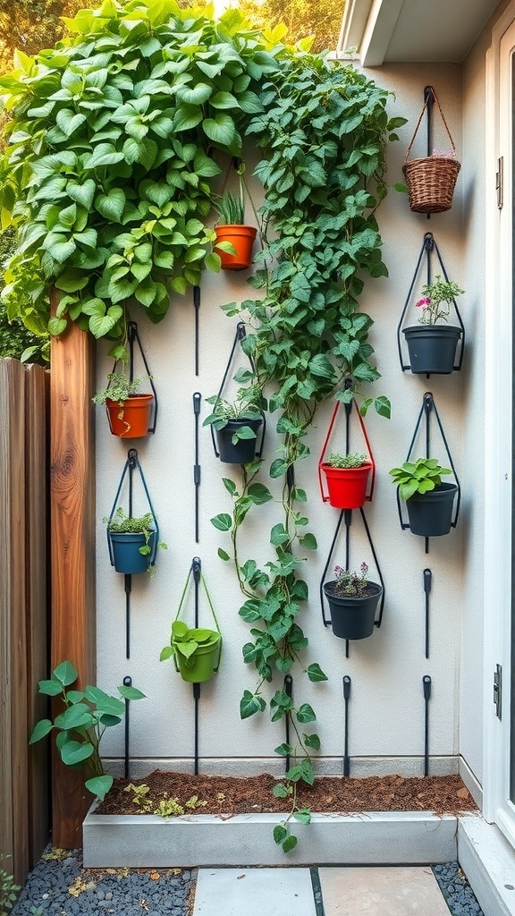 A vertical garden with various plants in colorful pots on a wall.