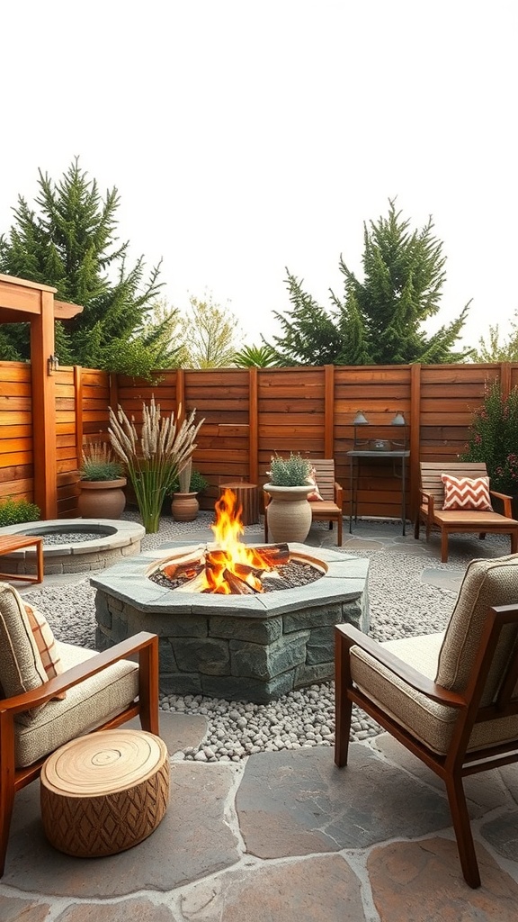 A cozy fire pit garden with stone fire pit, wooden chairs, gravel pathway, and potted plants.