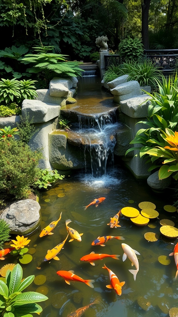 A serene garden with a waterfall, koi fish, and lush greenery.