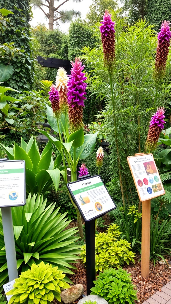 A botanical garden with educational signage and visitors exploring the area.