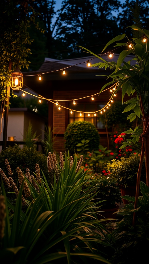 A garden at night with string lights and a lantern, surrounded by lush plants and flowers.