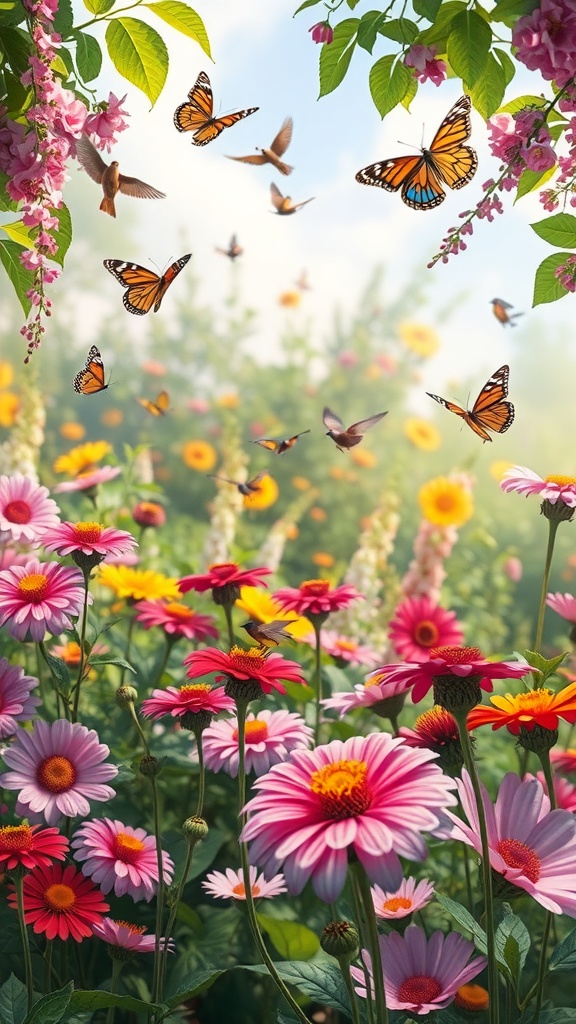 A vibrant garden filled with colorful flowers, butterflies, and birds, creating a lively and inviting atmosphere.