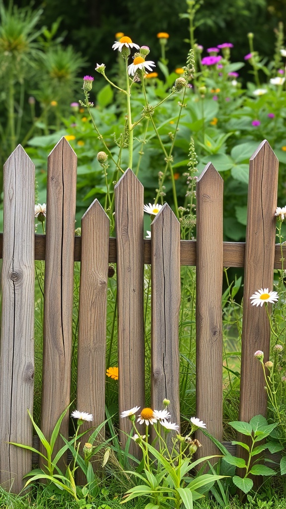 A rustic wooden palisade fence with pointed tops, surrounded by colorful flowers and greenery.