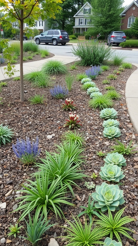 A well-designed rain garden featuring various plants and landscaping elements.