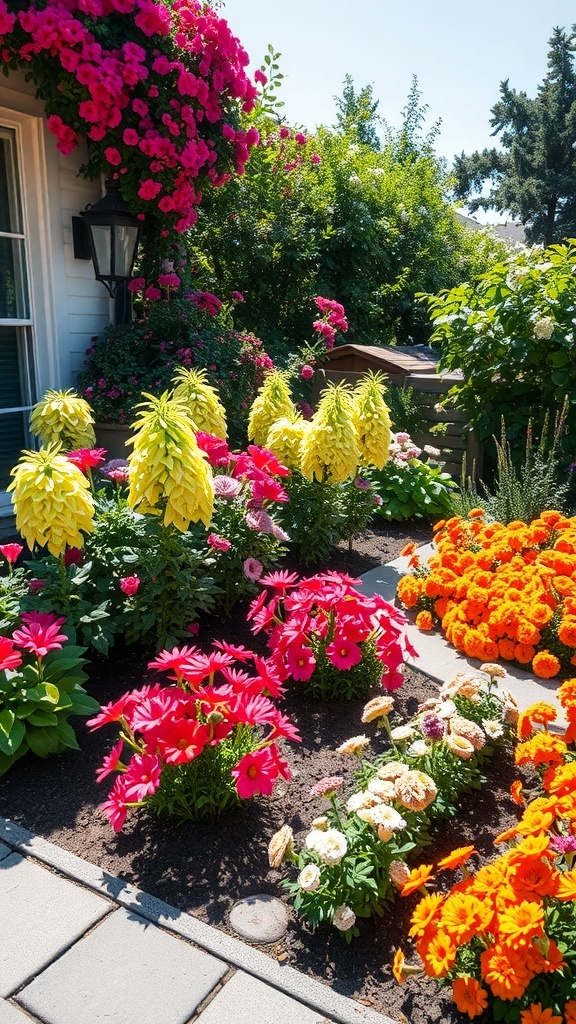 A vibrant side garden with colorful flower beds featuring pink, yellow, and orange flowers.