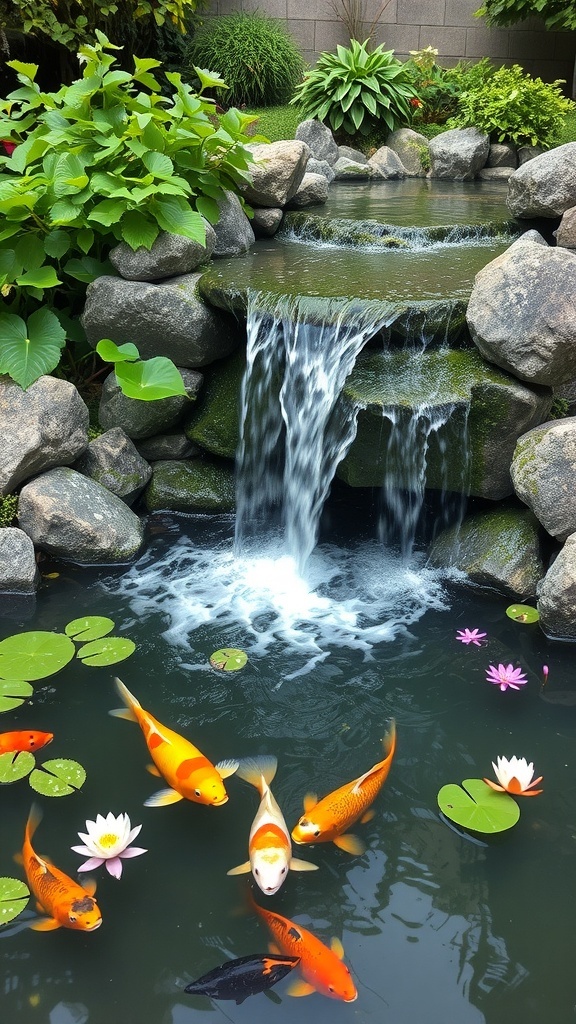 A serene fish pond with a waterfall, colorful koi fish, and water lilies surrounded by lush greenery.