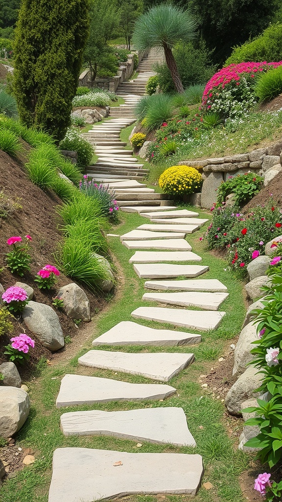 A winding stone pathway through a lush sloped garden filled with colorful flowers.