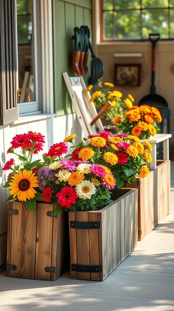 Rustic wooden planters filled with colorful flowers
