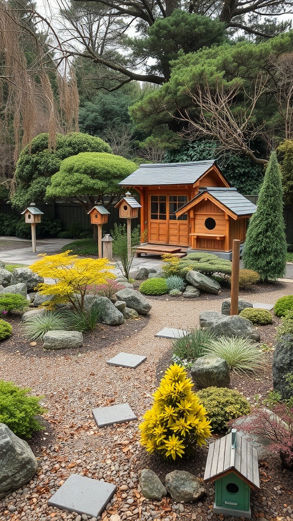A serene Japanese garden featuring a wooden structure, birdhouses, colorful plants, and rocks.