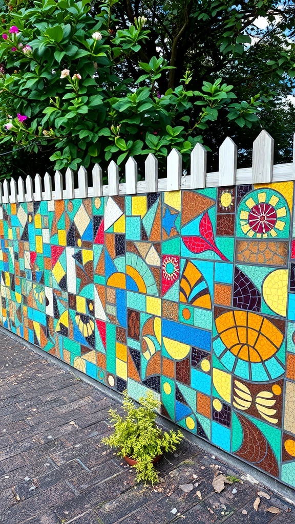 Colorful mosaic tile design on a garden fence with geometric patterns.