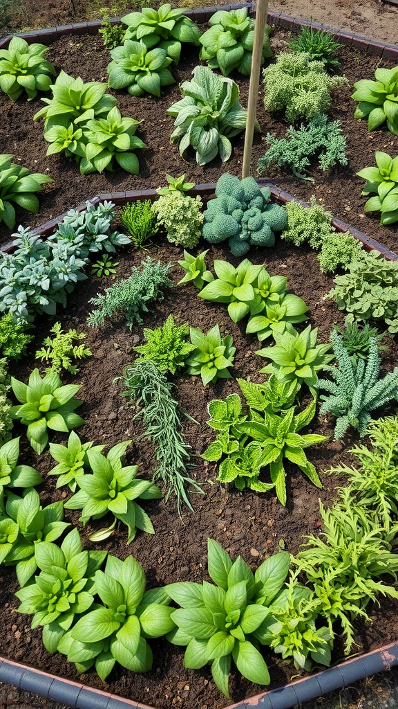 A vibrant herb spiral garden bed filled with various green herbs and plants.