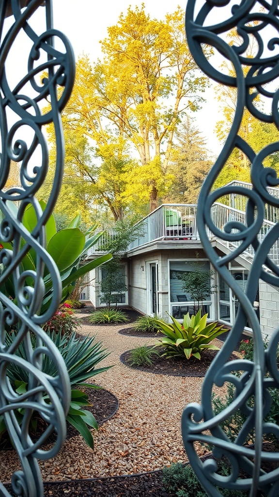 A decorative metal mesh fence surrounding a garden with various plants and a house in the background.