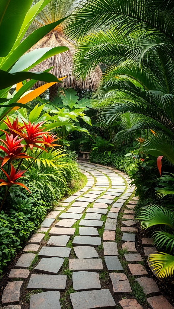 Winding stone pathway in a tropical garden surrounded by lush green plants and vibrant flowers.