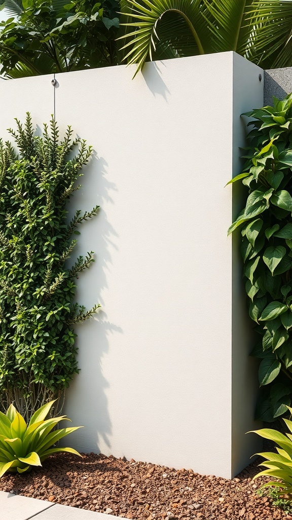 A modern garden wall surrounded by lush greenery and plants.