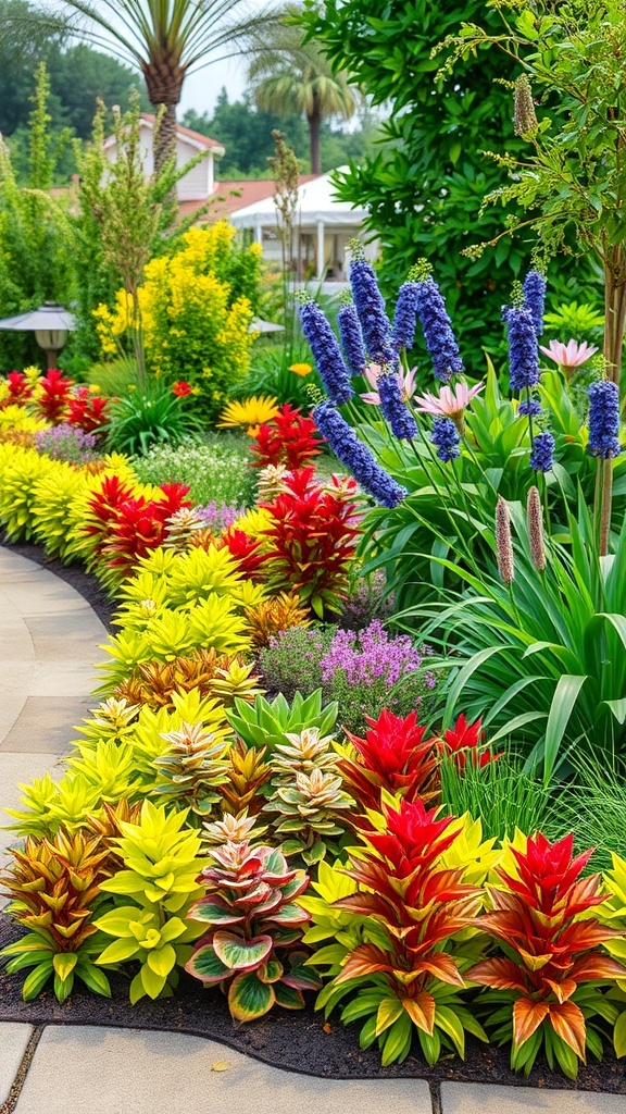 A colorful garden with vibrant plants forming a living edge along a pathway.