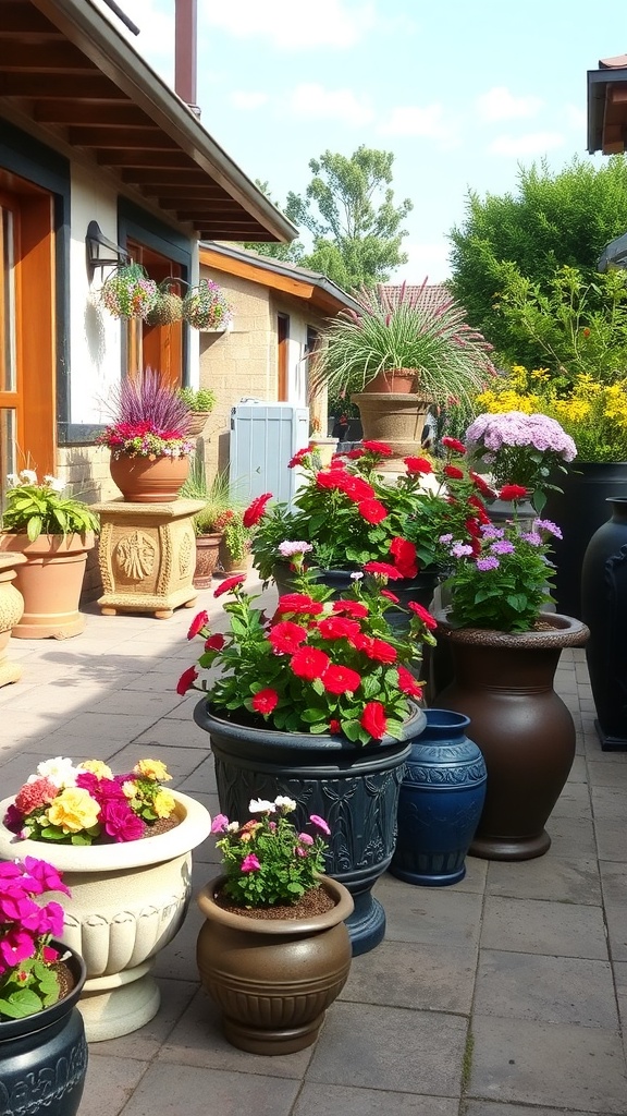 A variety of colorful flower planters arranged on a terrace.