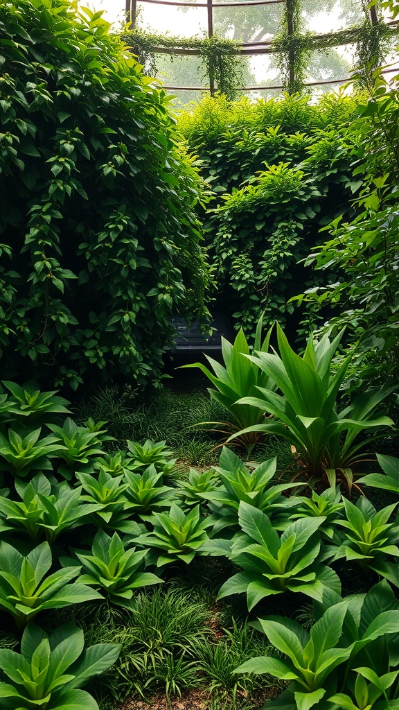 A lush green garden filled with various layers of foliage, creating a serene and inviting atmosphere.
