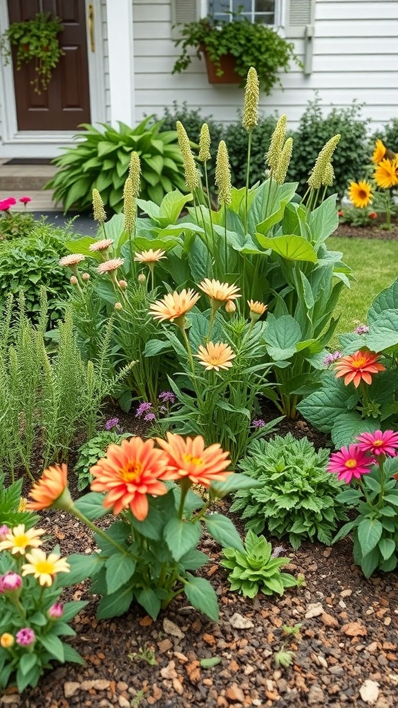 A vibrant front yard garden featuring colorful flowers and lush greenery.