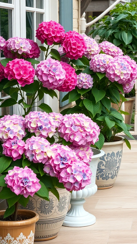 Colorful hydrangeas in decorative containers on a patio