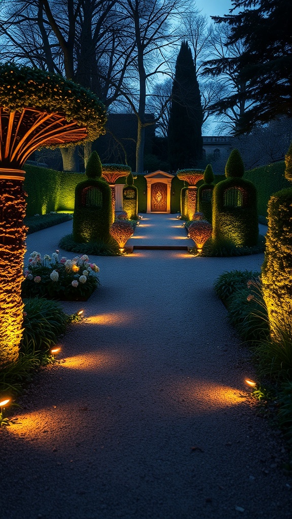 A beautifully illuminated garden path with topiary and soft glowing lights.