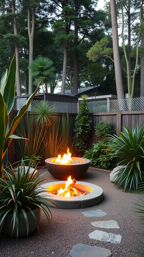 A cozy fire pit garden with two fire pits surrounded by lush greenery and tall trees.