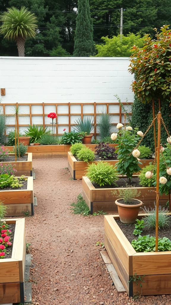 A layout of raised garden beds with various plants and a gravel path.