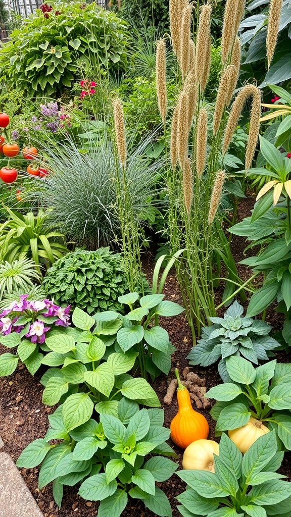 A vibrant garden featuring a mix of edible plants including tomatoes, squash, and various greens.