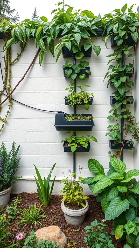 Vertical garden setup with wall-mounted planters filled with various plants against a white wall.