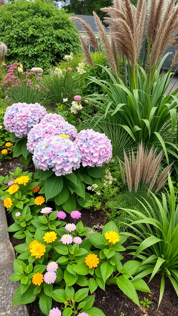 A vibrant mixed border featuring hydrangeas, yellow and pink flowers, and tall grasses.