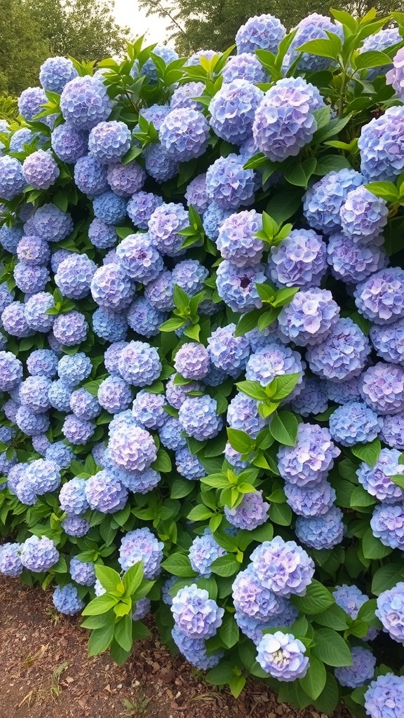 A vibrant hydrangea bush with clusters of blue and purple flowers, creating a natural privacy screen.