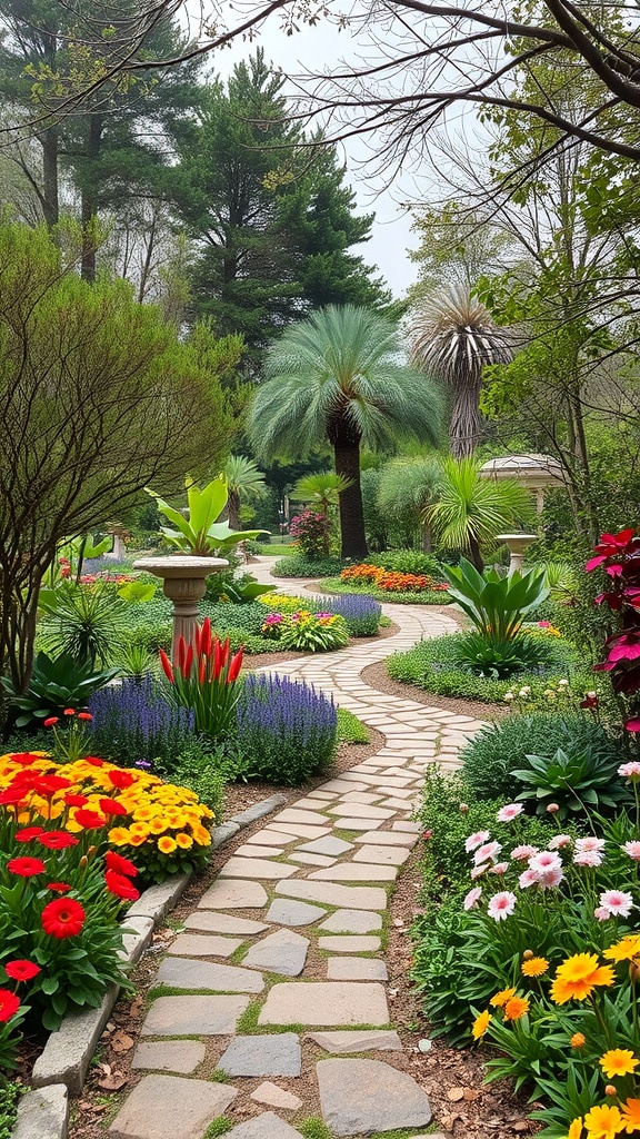 A winding stone pathway surrounded by colorful flowers and lush greenery in a botanical garden.