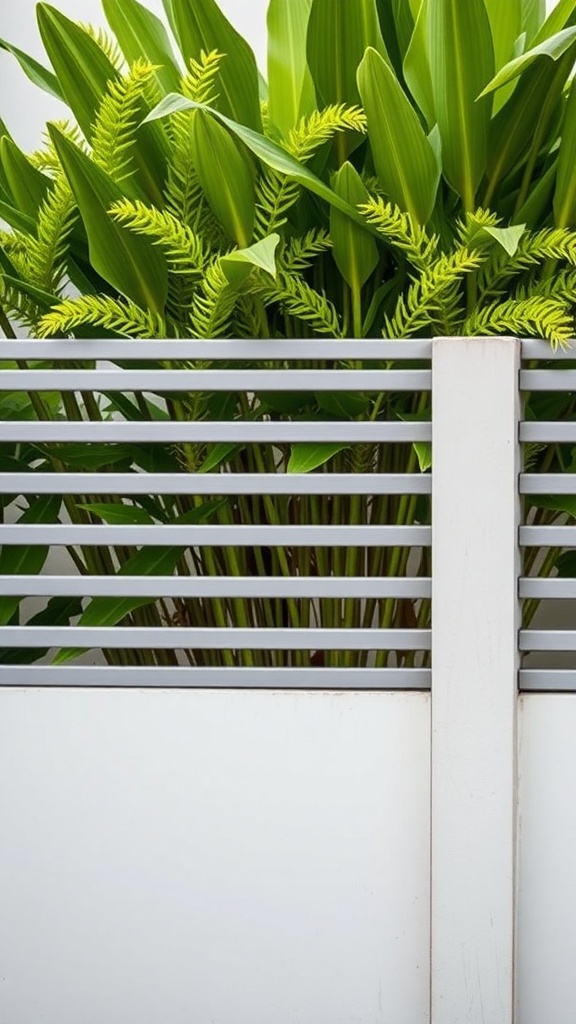 A modern garden fence with horizontal slats and lush green plants behind it.